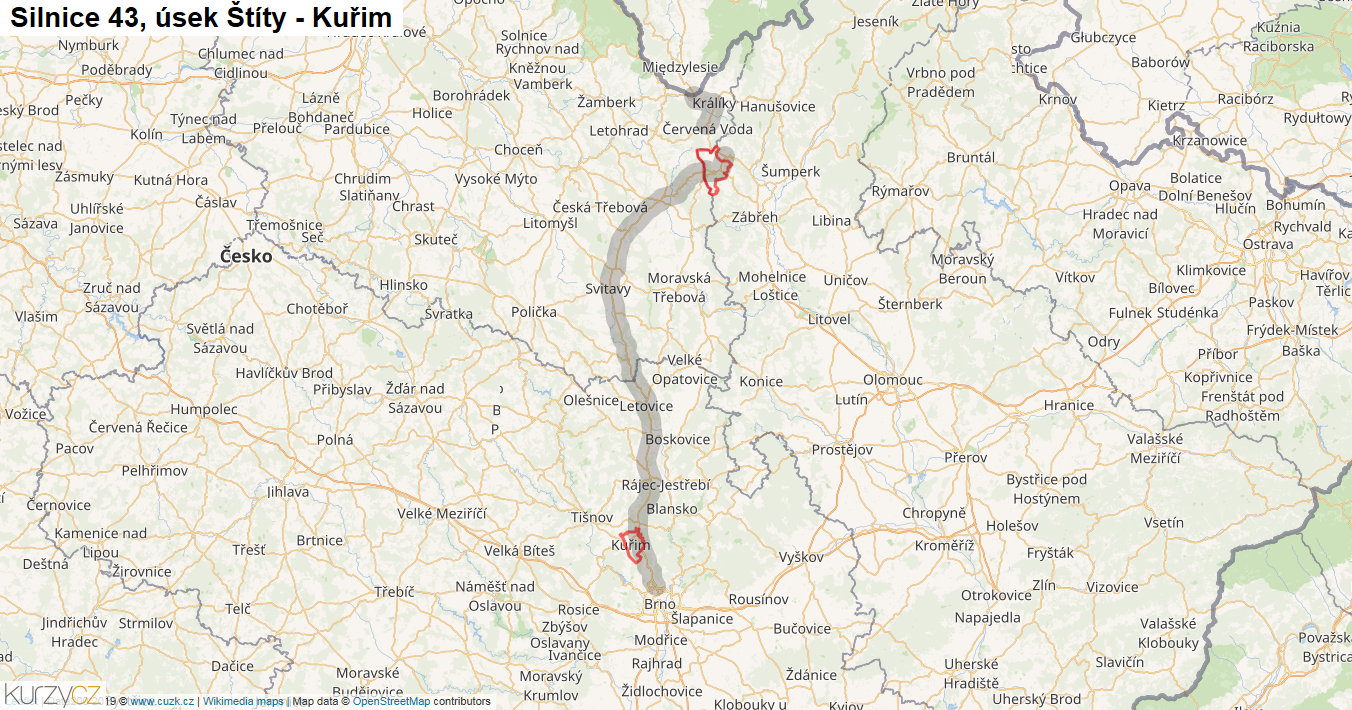 Úsek Štíty - Kuřim, Silnice 43 - Mapa
