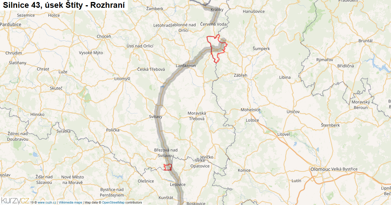 Úsek Štíty - Rozhraní, Silnice 43 - Mapa