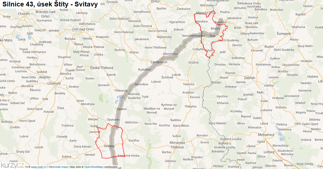 Úsek Štíty - Svitavy, Silnice 43 - Mapa
