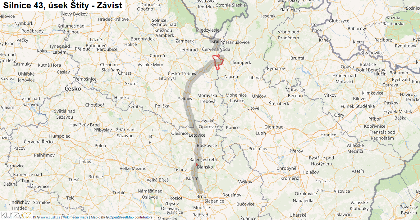 Úsek Štíty - Závist, Silnice 43 - Mapa