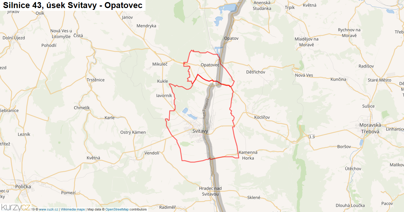 Úsek Svitavy - Opatovec, Silnice 43 - Mapa