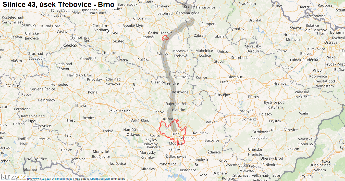 Úsek Třebovice - Brno, Silnice 43 - Mapa