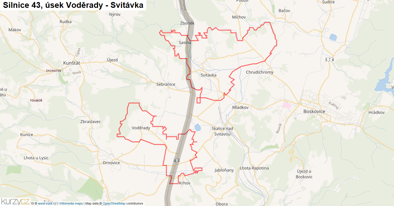 Úsek Voděrady - Svitávka, Silnice 43 - Mapa