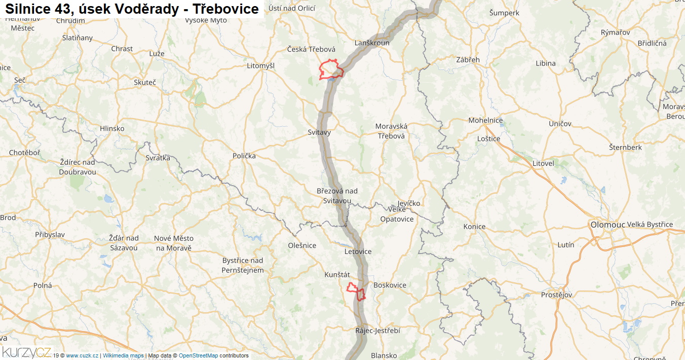 Úsek Voděrady - Třebovice, Silnice 43 - Mapa