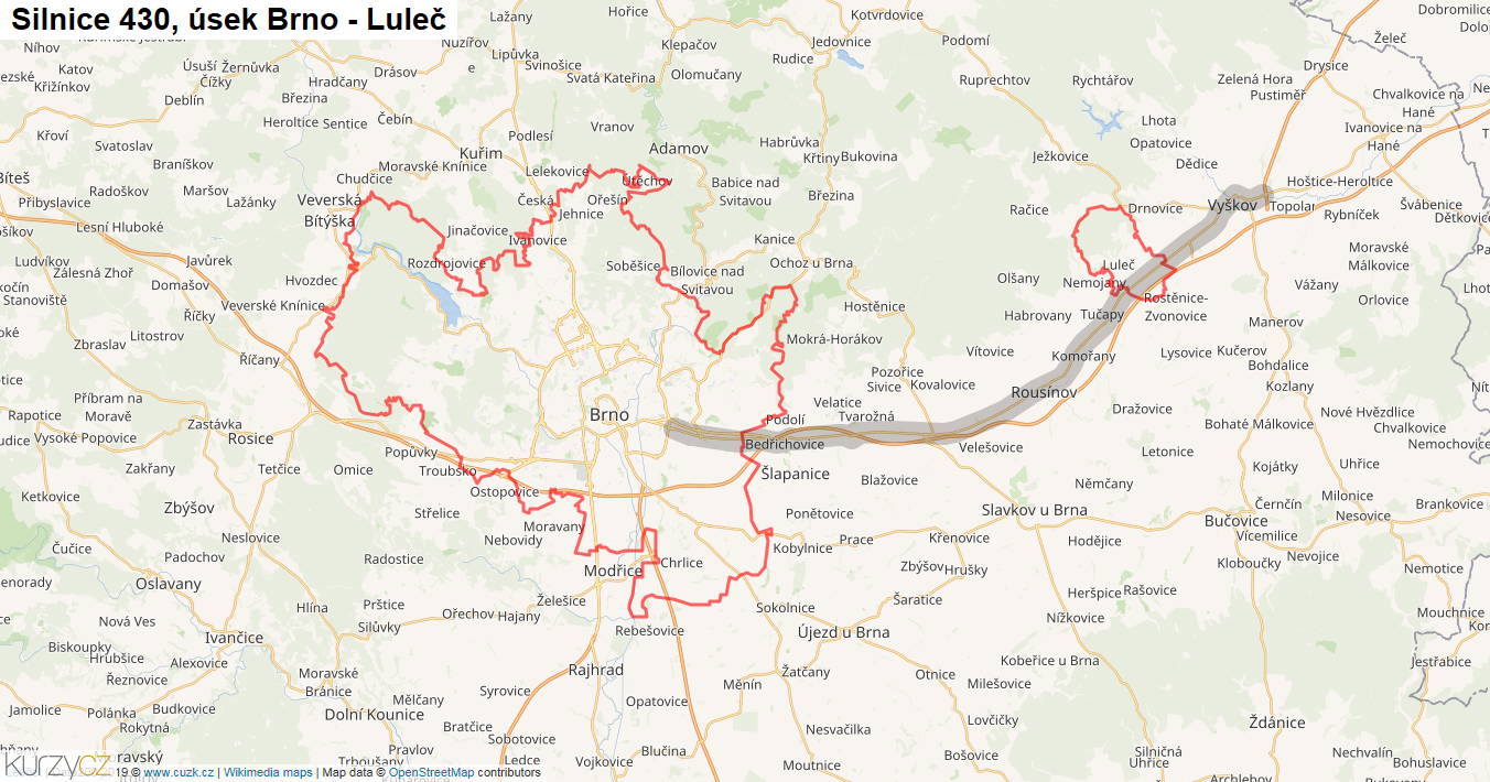 Úsek Brno - Luleč, Silnice 430 - Mapa