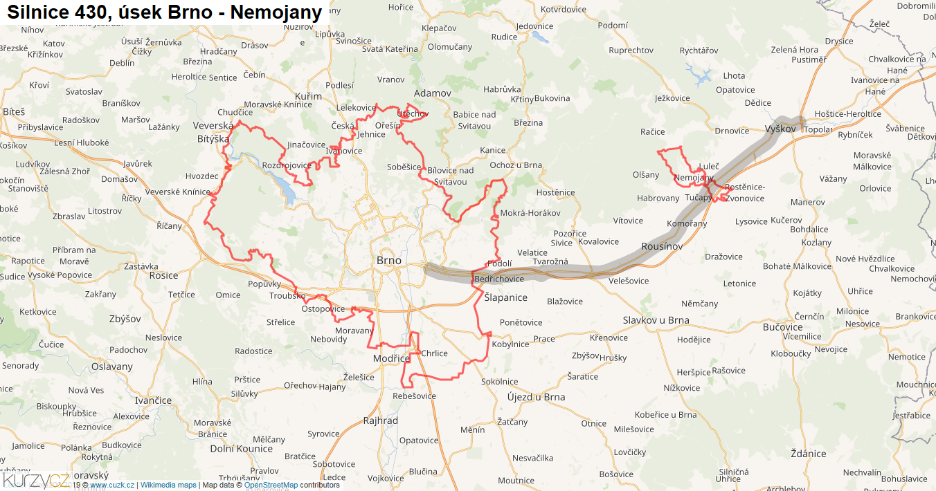 Úsek Brno - Nemojany, Silnice 430 - Mapa