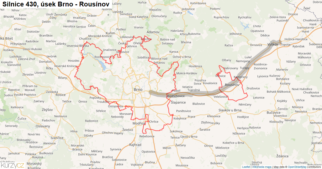 Úsek Brno - Rousínov, Silnice 430 - Mapa
