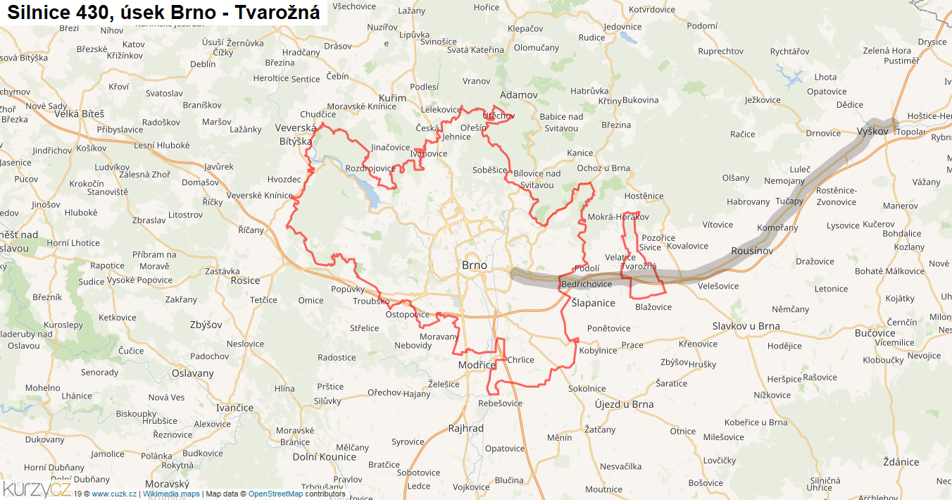 Úsek Brno - Tvarožná, Silnice 430 - Mapa