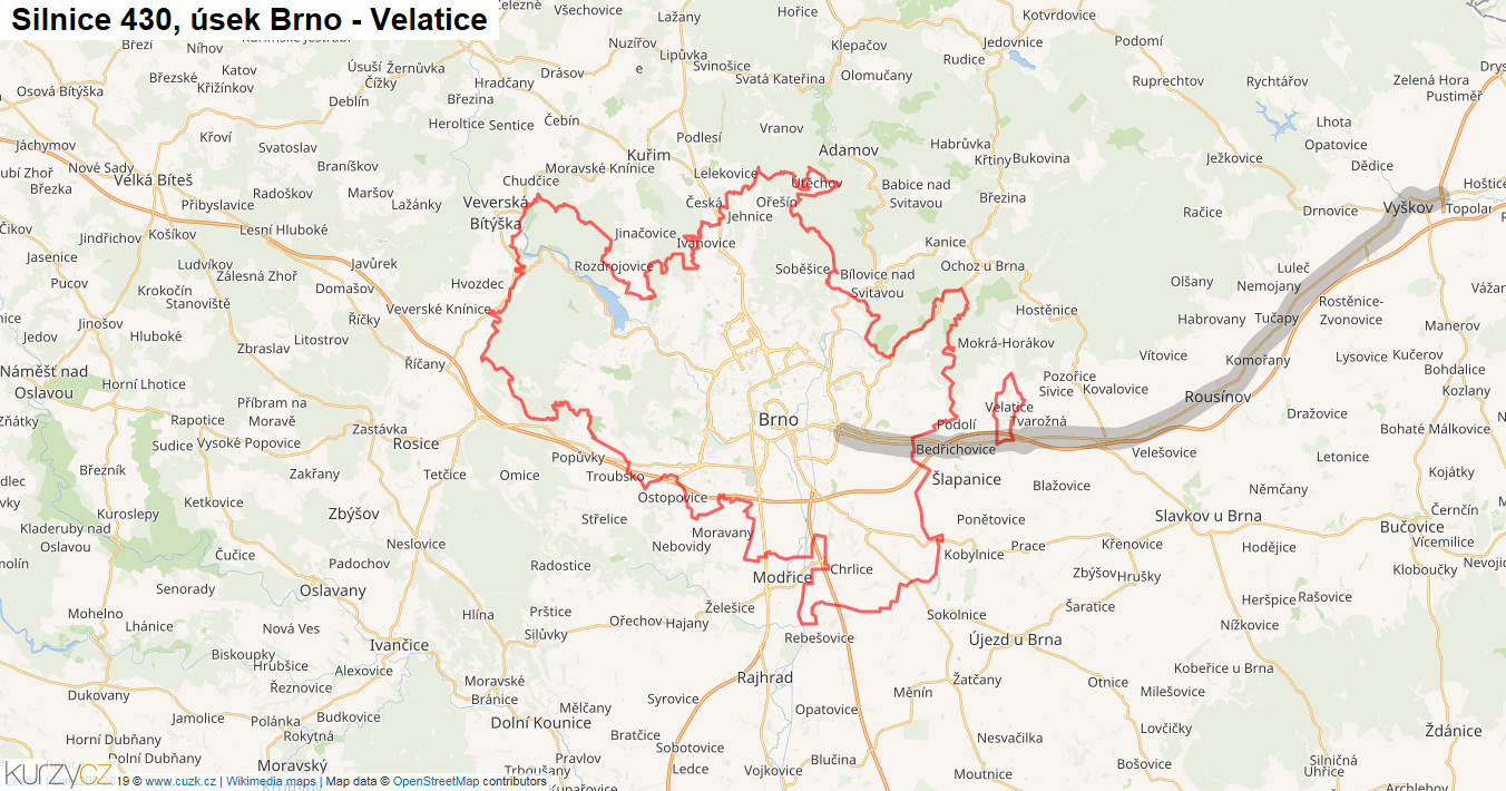 Úsek Brno - Velatice, Silnice 430 - Mapa