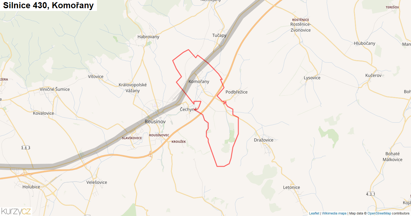 Komořany, Silnice 430 - Mapa