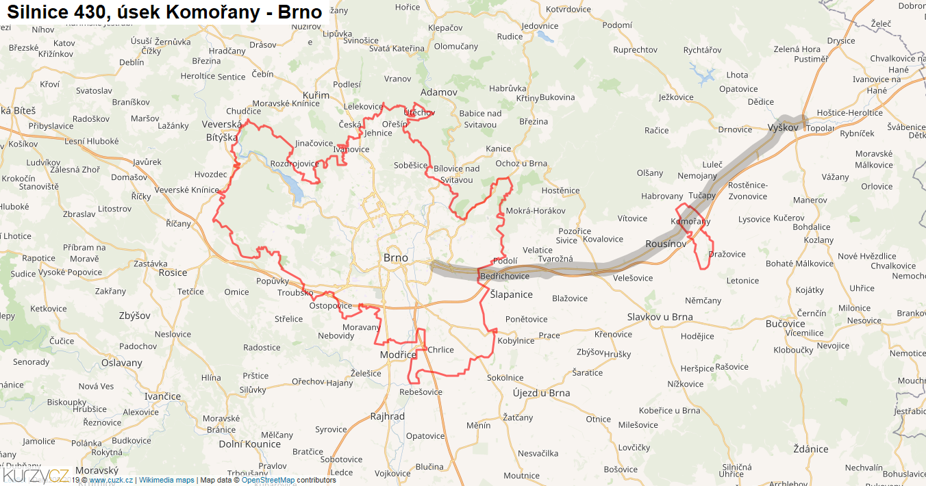 Úsek Komořany - Brno, Silnice 430 - Mapa