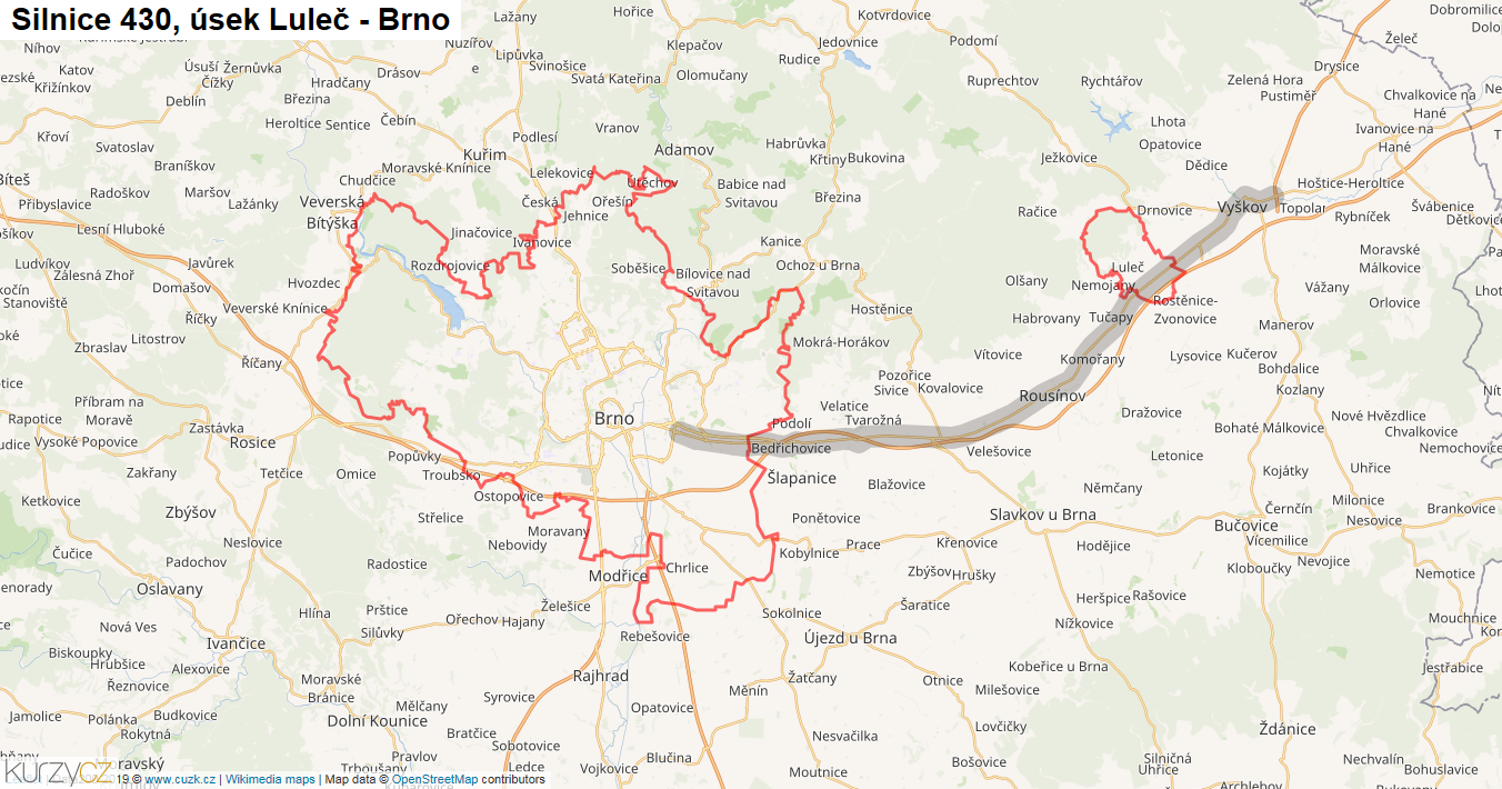 Úsek Luleč - Brno, Silnice 430 - Mapa