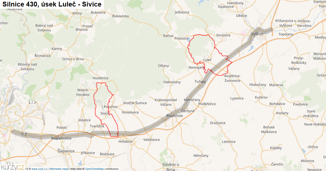 Úsek Luleč - Sivice, Silnice 430 - Mapa