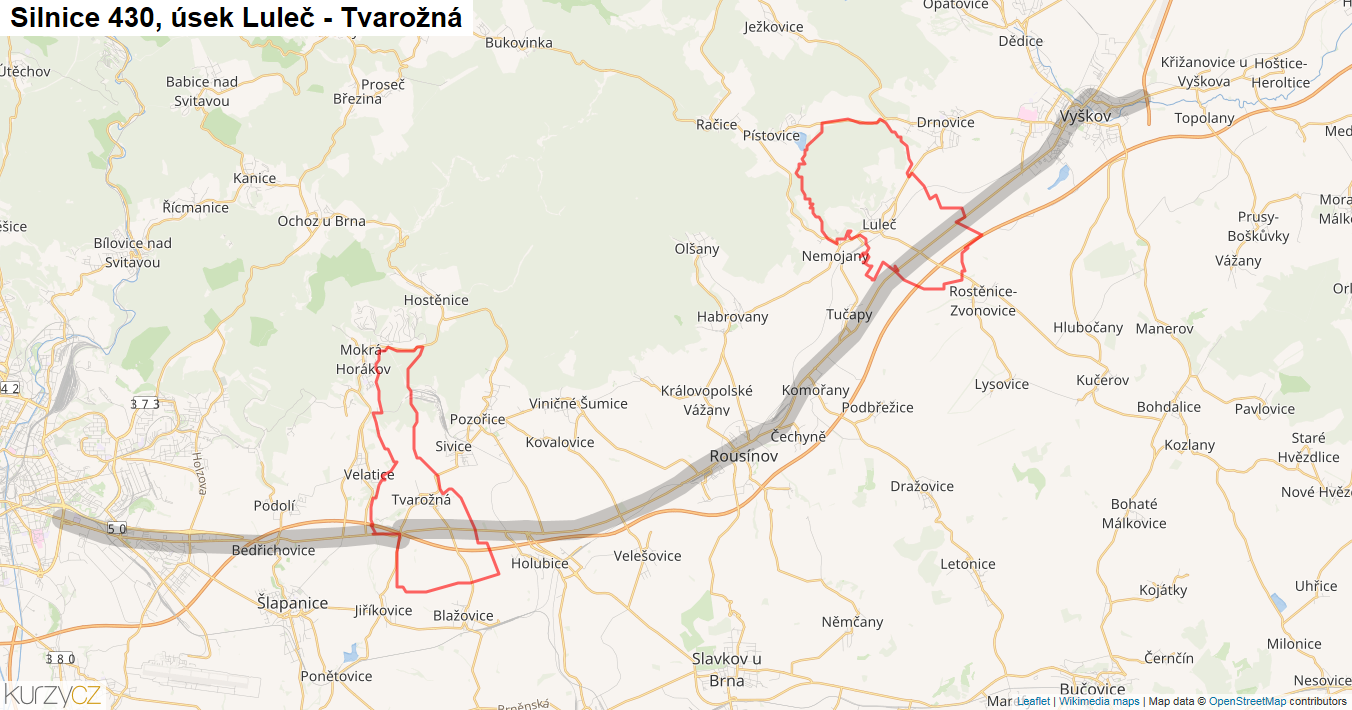 Úsek Luleč - Tvarožná, Silnice 430 - Mapa