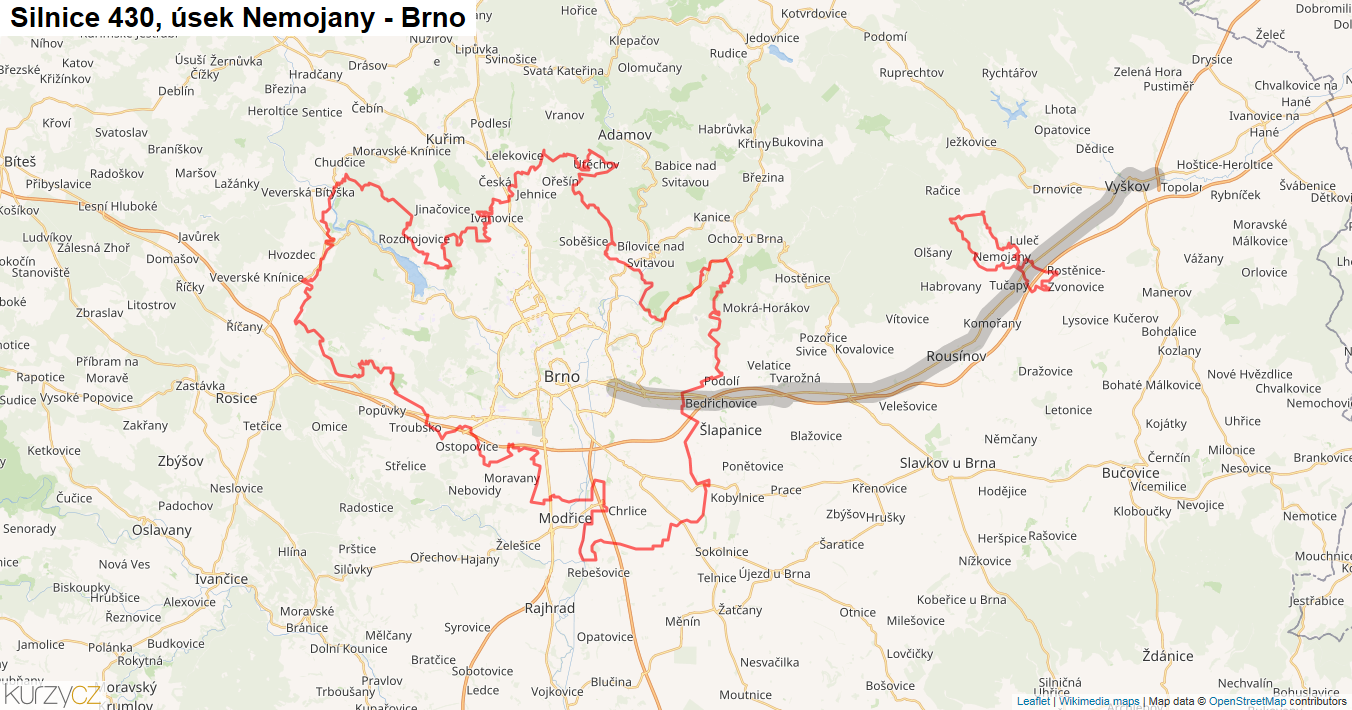 Úsek Nemojany - Brno, Silnice 430 - Mapa
