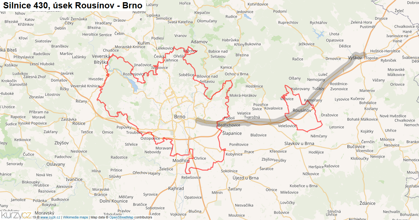 Úsek Rousínov - Brno, Silnice 430 - Mapa