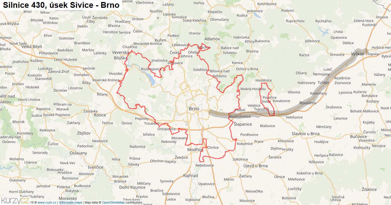 Úsek Sivice - Brno, Silnice 430 - Mapa