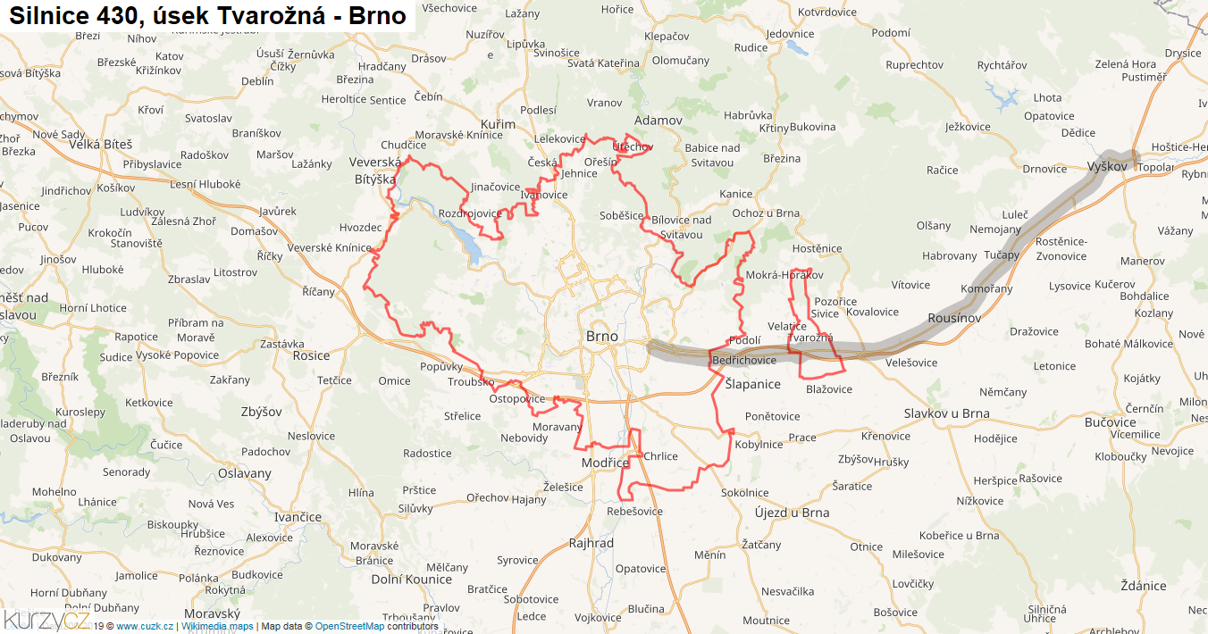 Úsek Tvarožná - Brno, Silnice 430 - Mapa