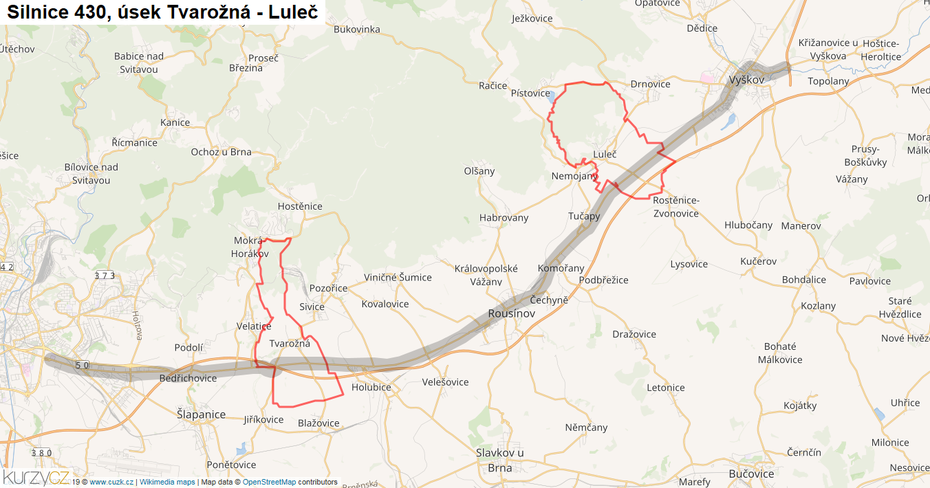 Úsek Tvarožná - Luleč, Silnice 430 - Mapa