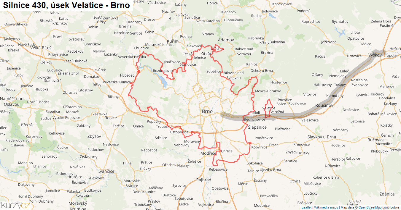 Úsek Velatice - Brno, Silnice 430 - Mapa