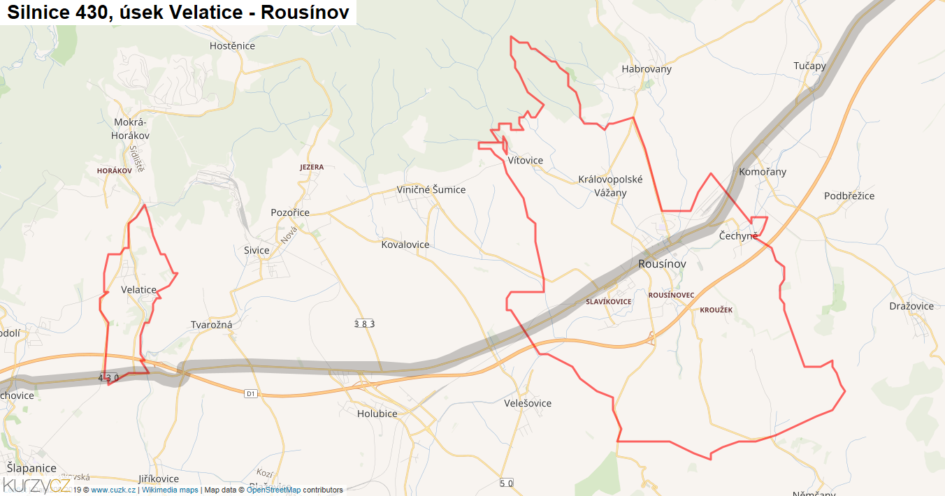 Úsek Velatice - Rousínov, Silnice 430 - Mapa