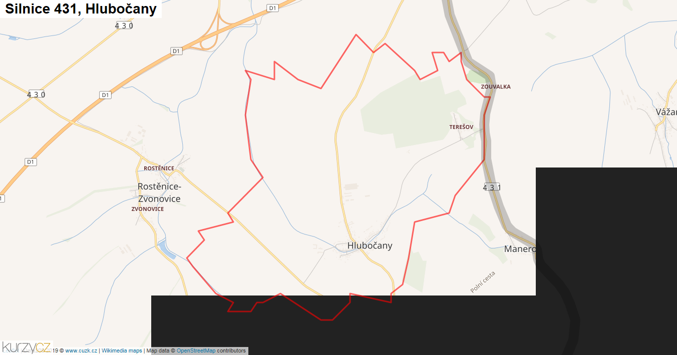 Hlubočany, Silnice 431 - Mapa