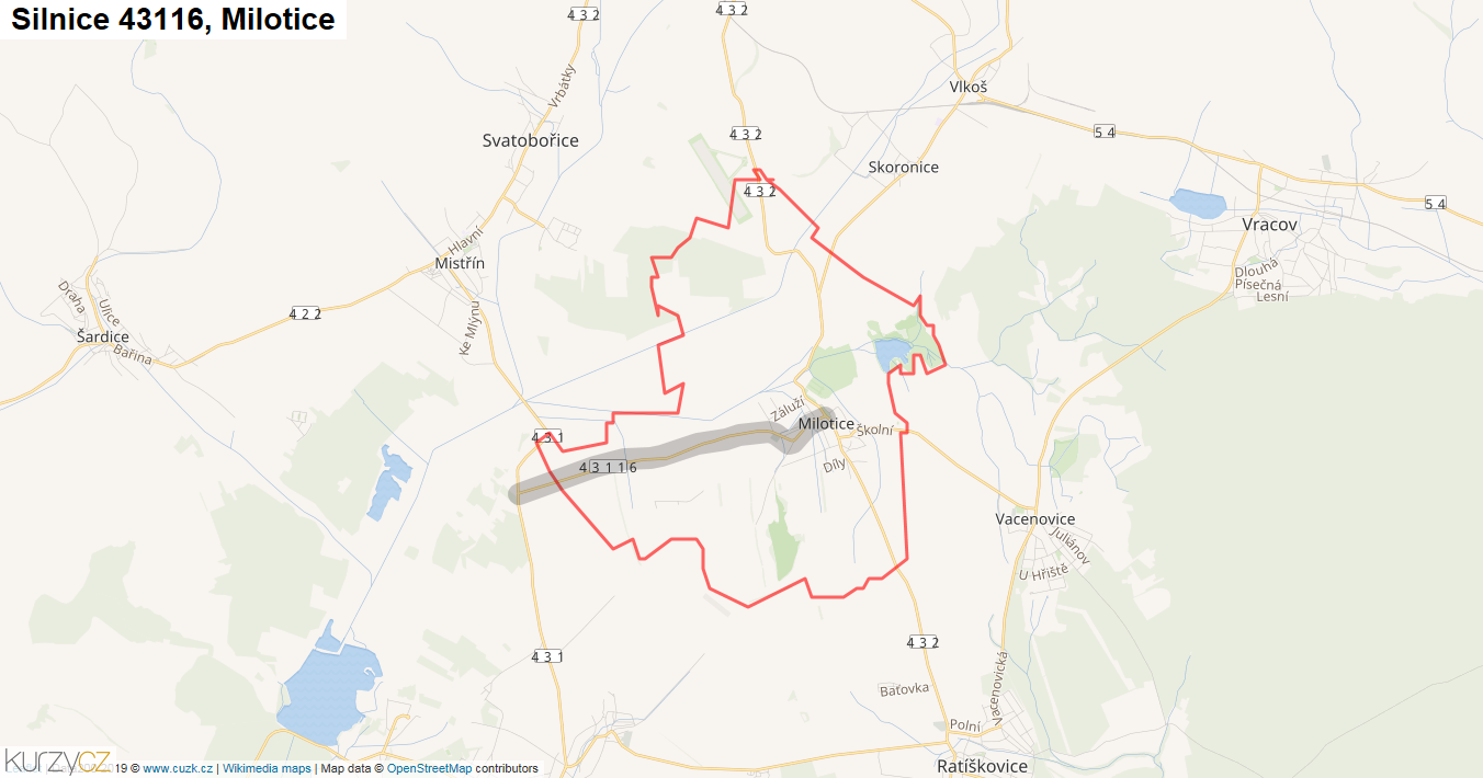Milotice, Silnice 43116 - Mapa