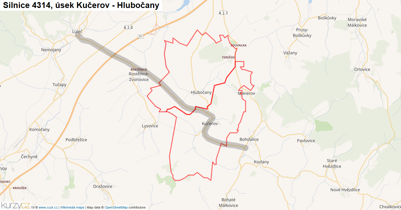 Úsek Kučerov - Hlubočany, Silnice 4314 - Mapa