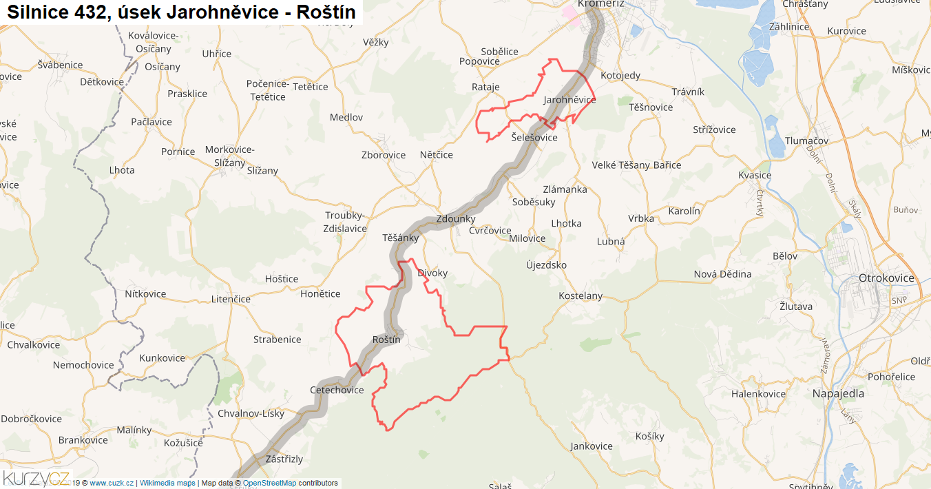Úsek Jarohněvice - Roštín, Silnice 432 - Mapa