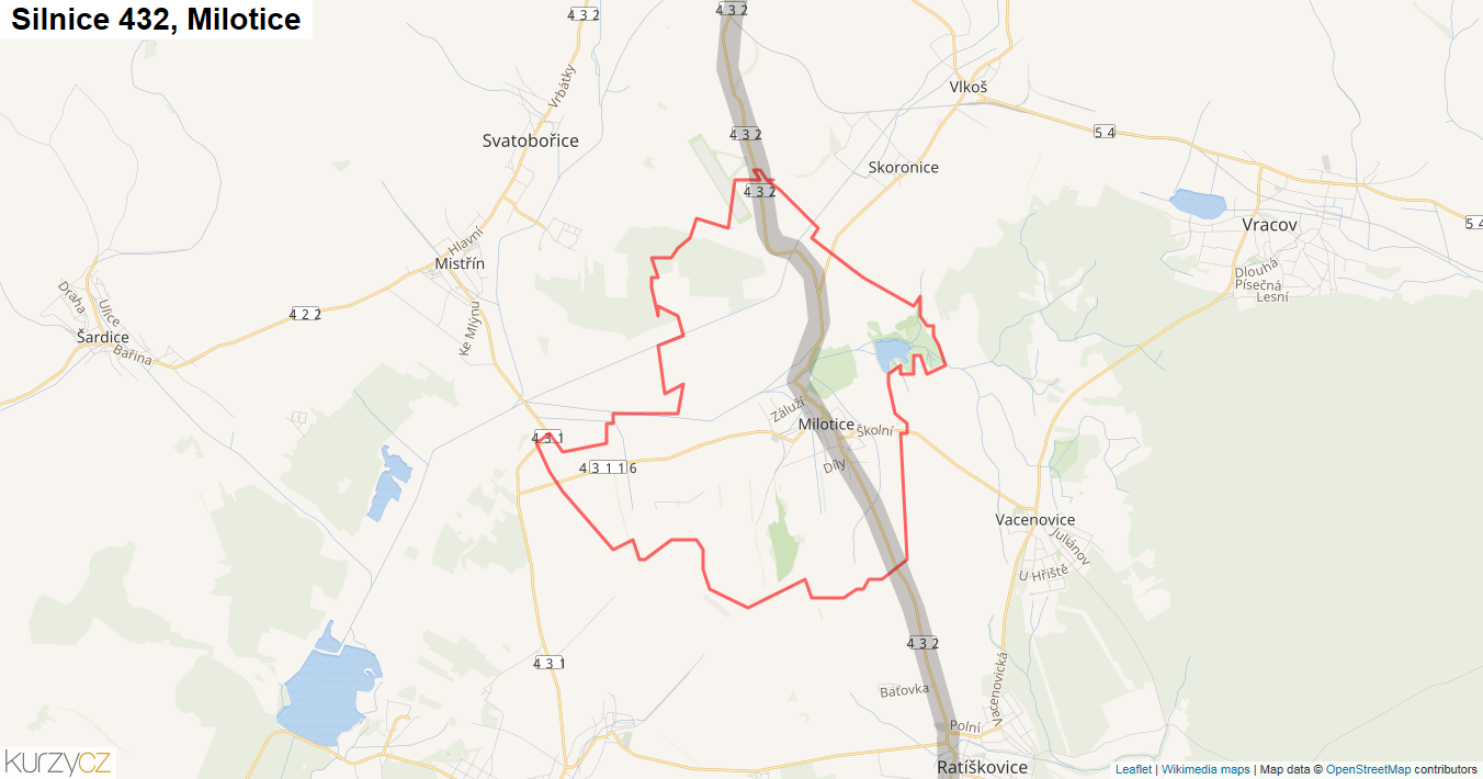 Milotice, Silnice 432 - Mapa