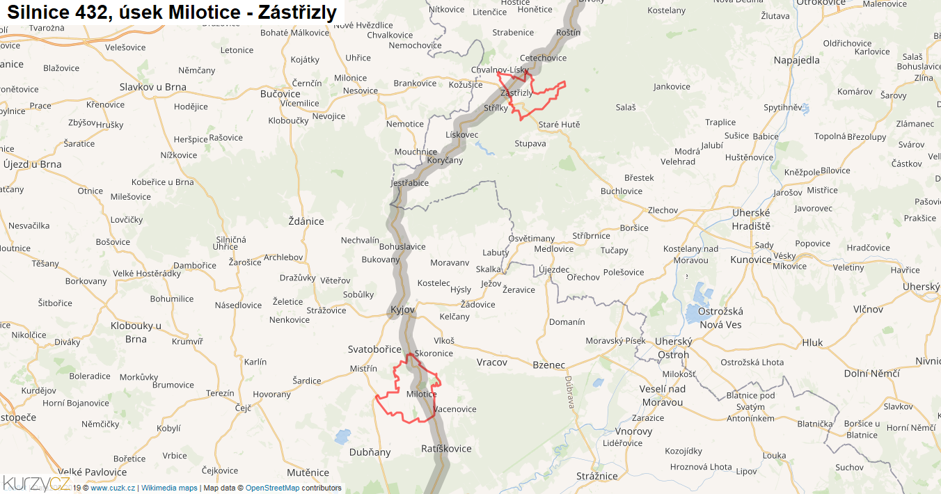 Úsek Milotice - Zástřizly, Silnice 432 - Mapa