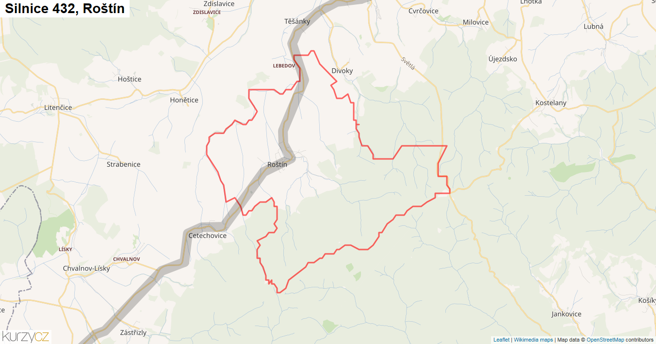 Roštín, Silnice 432 - Mapa