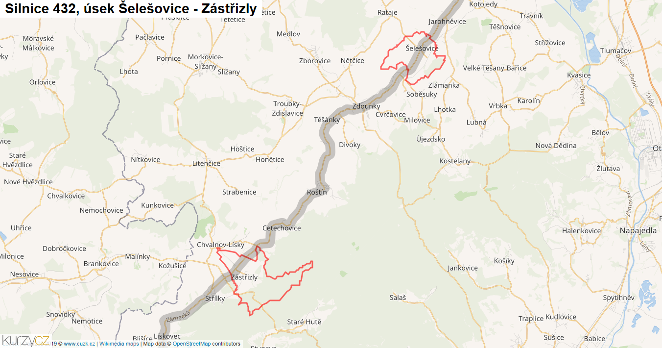 Úsek Šelešovice - Zástřizly, Silnice 432 - Mapa