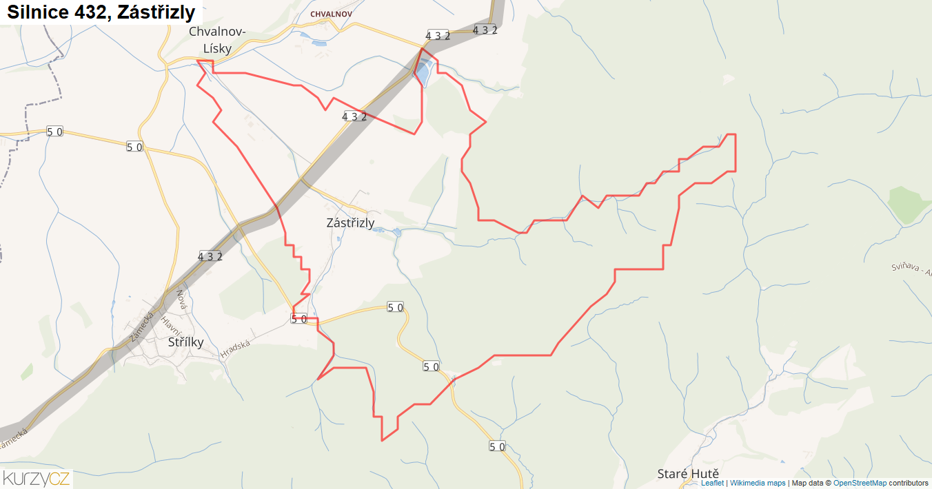 Zástřizly, Silnice 432 - Mapa