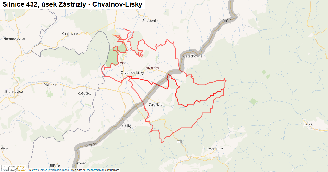 Úsek Zástřizly - Chvalnov-Lísky, Silnice 432 - Mapa