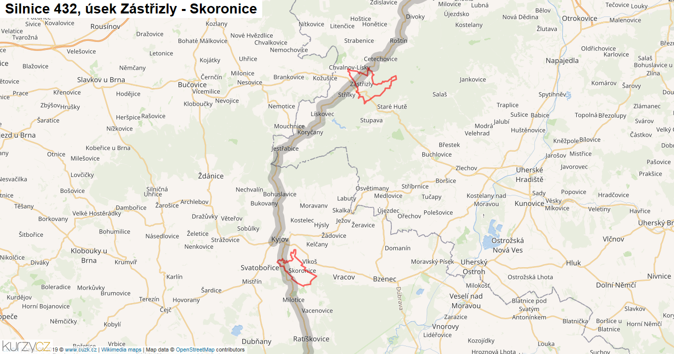 Úsek Zástřizly - Skoronice, Silnice 432 - Mapa