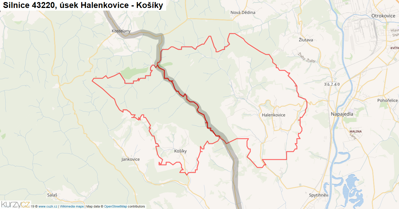Úsek Halenkovice - Košíky, Silnice 43220 - Mapa