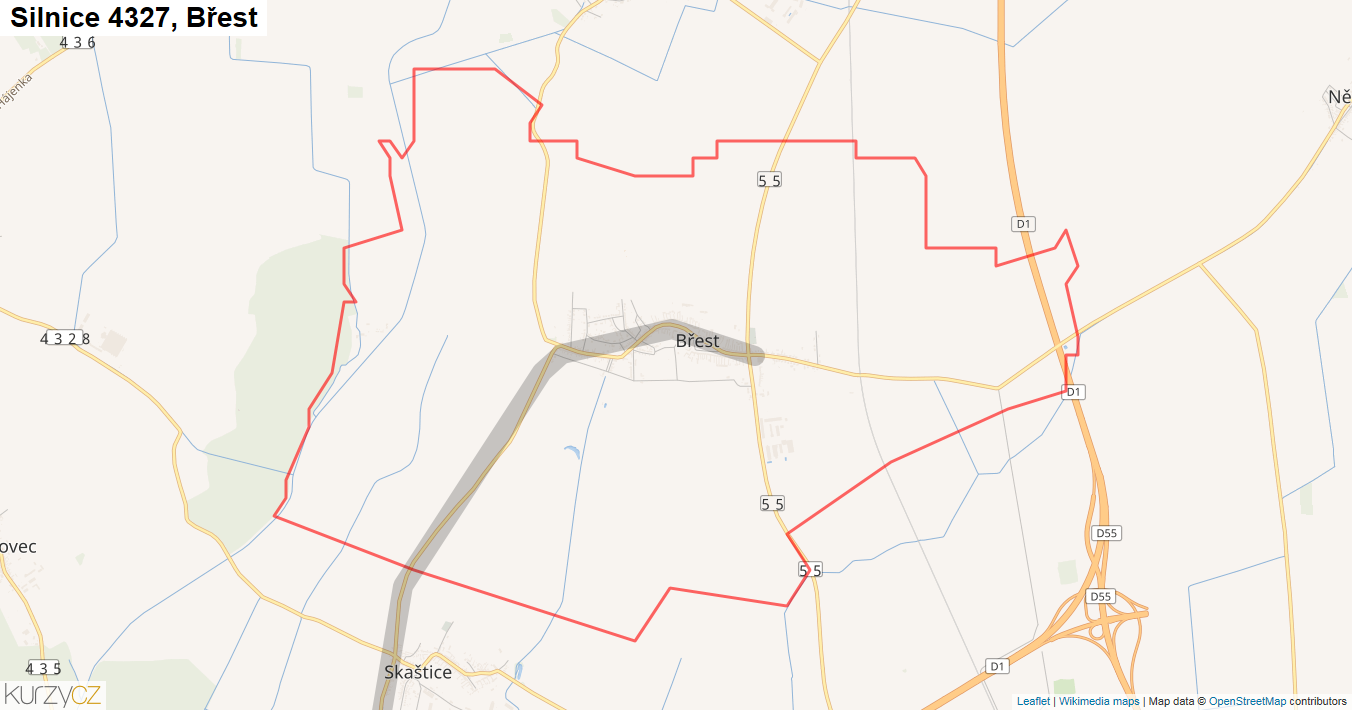 Břest, Silnice 4327 - Mapa