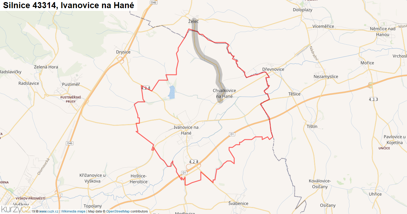 Ivanovice na Hané, Silnice 43314 - Mapa