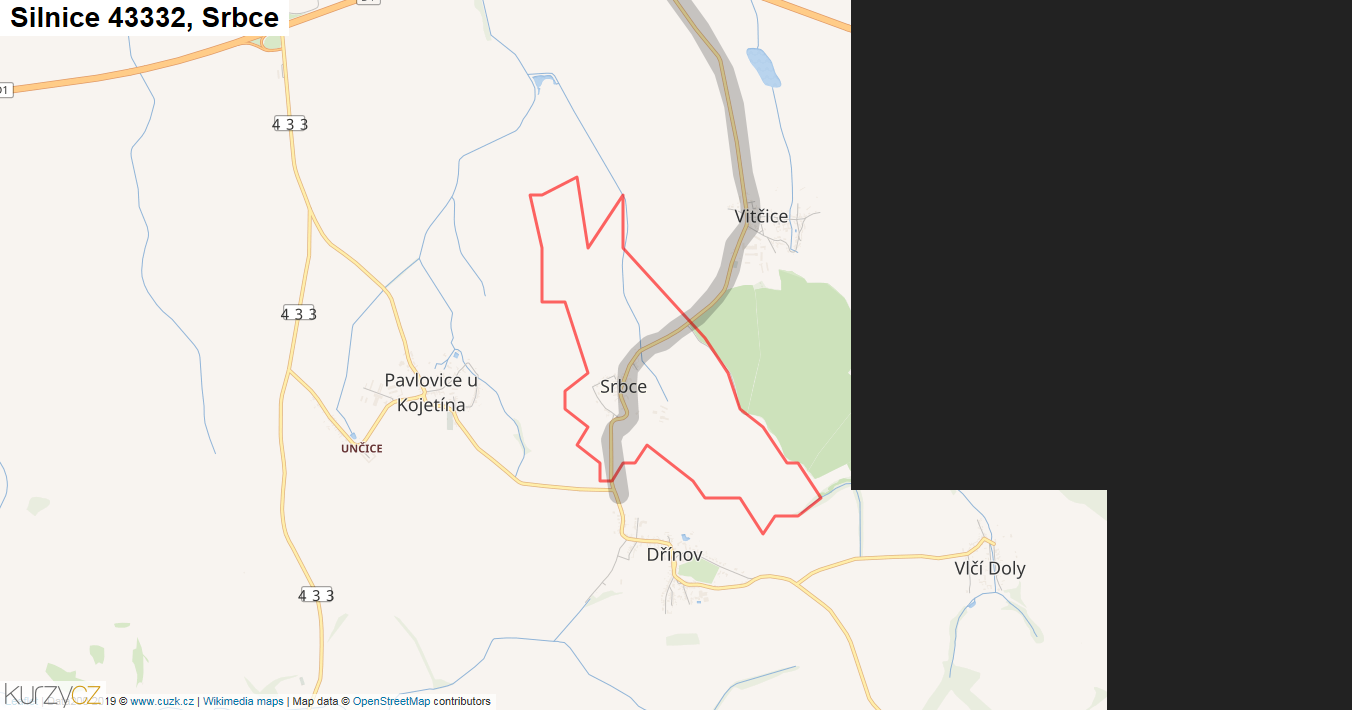 Srbce, Silnice 43332 - Mapa