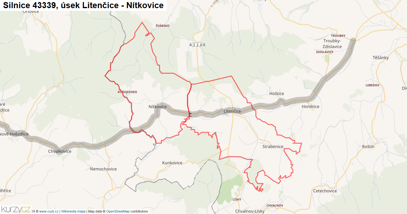 Úsek Litenčice - Nítkovice, Silnice 43339 - Mapa
