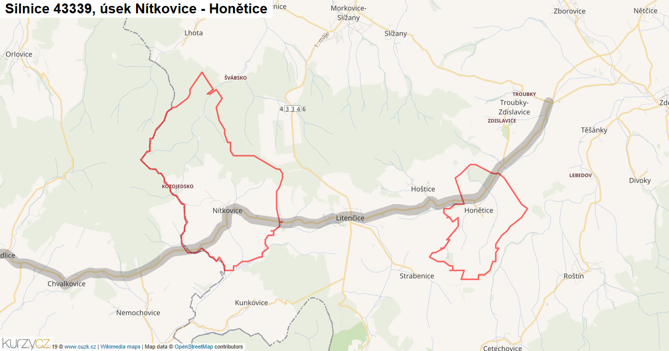 Úsek Nítkovice - Honětice, Silnice 43339 - Mapa