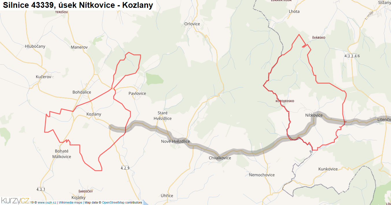 Úsek Nítkovice - Kozlany, Silnice 43339 - Mapa