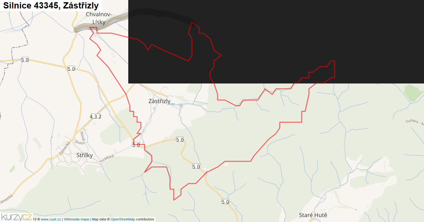 Zástřizly, Silnice 43345 - Mapa