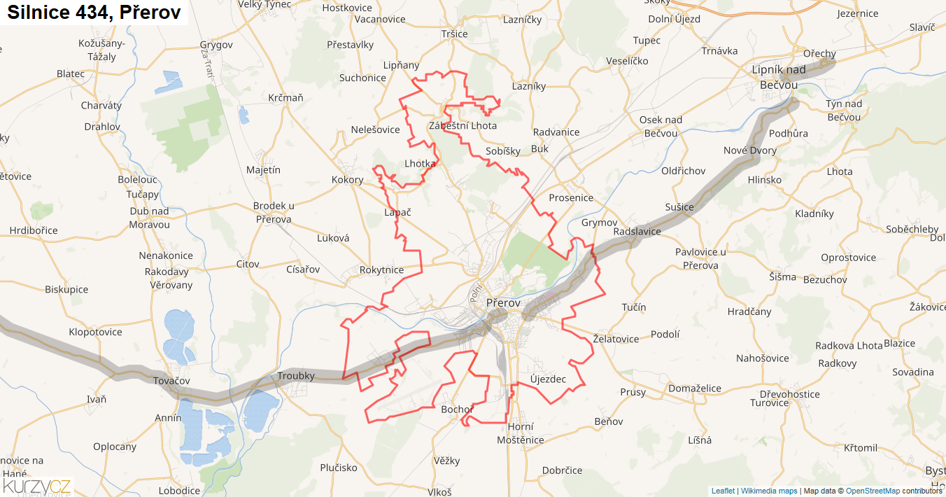 Přerov, Silnice 434 - Mapa