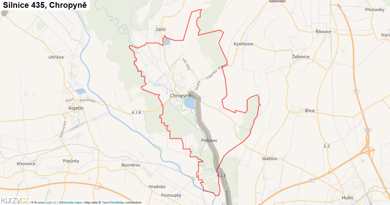 Chropyně, Silnice 435 - Mapa