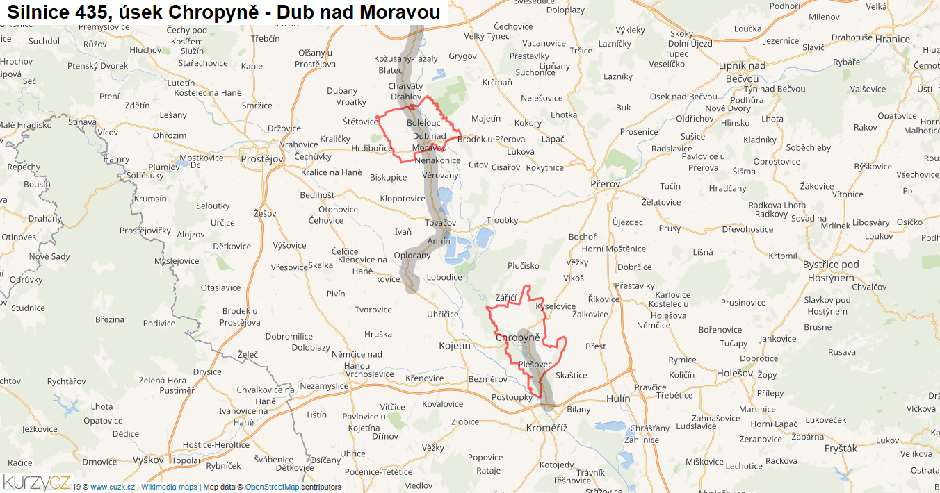 Úsek Chropyně - Dub nad Moravou, Silnice 435 - Mapa