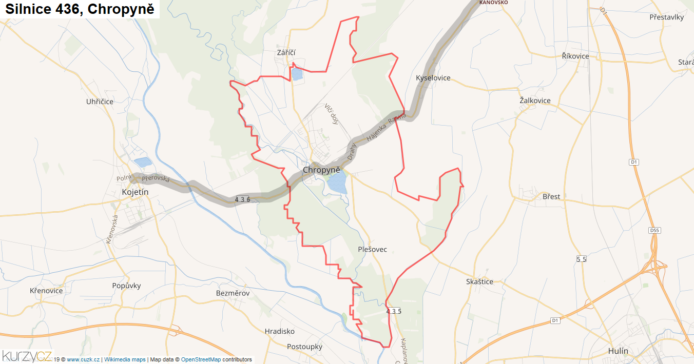 Chropyně, Silnice 436 - Mapa