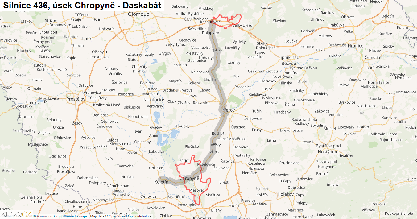 Úsek Chropyně - Daskabát, Silnice 436 - Mapa