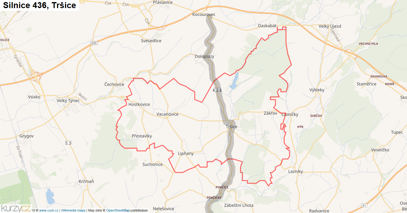 Tršice, Silnice 436 - Mapa